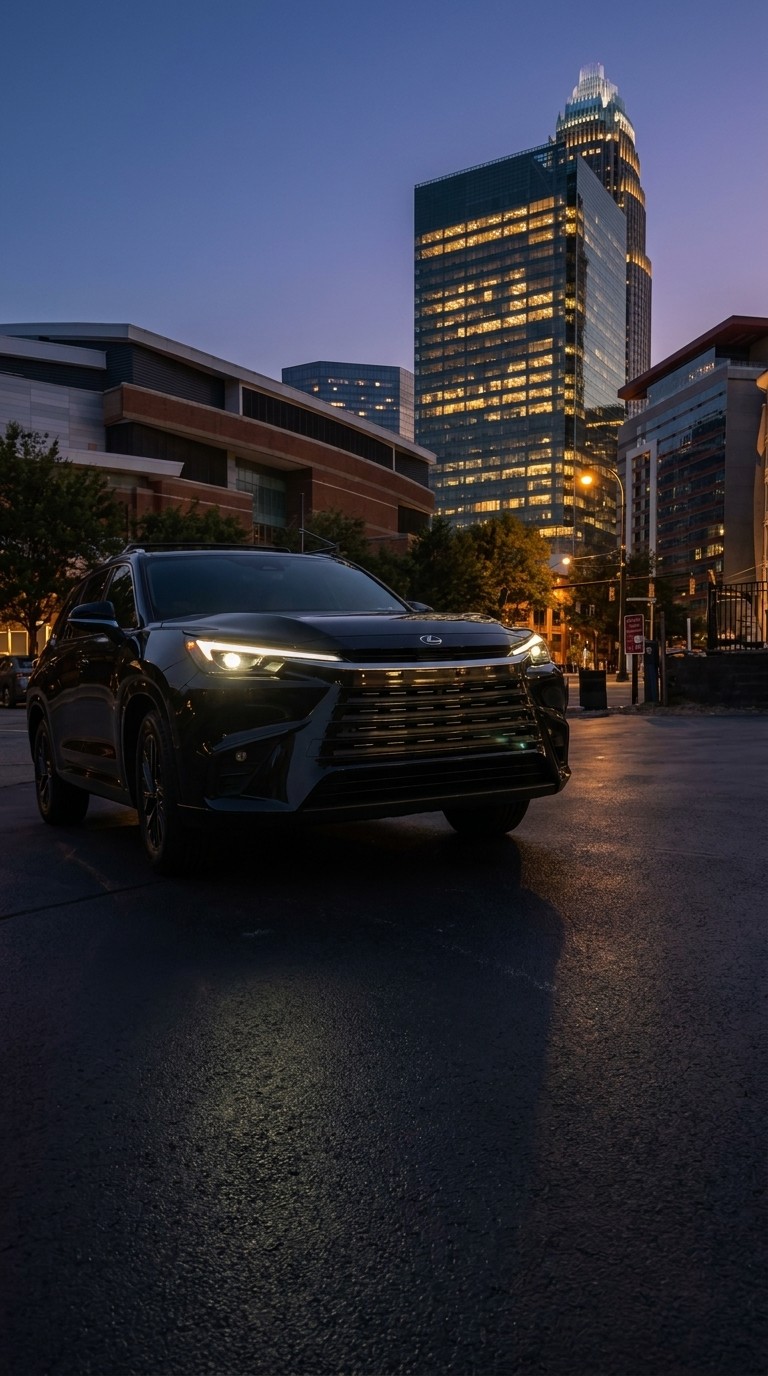 Black Lexus TX in uptown Charlotte at dusk
